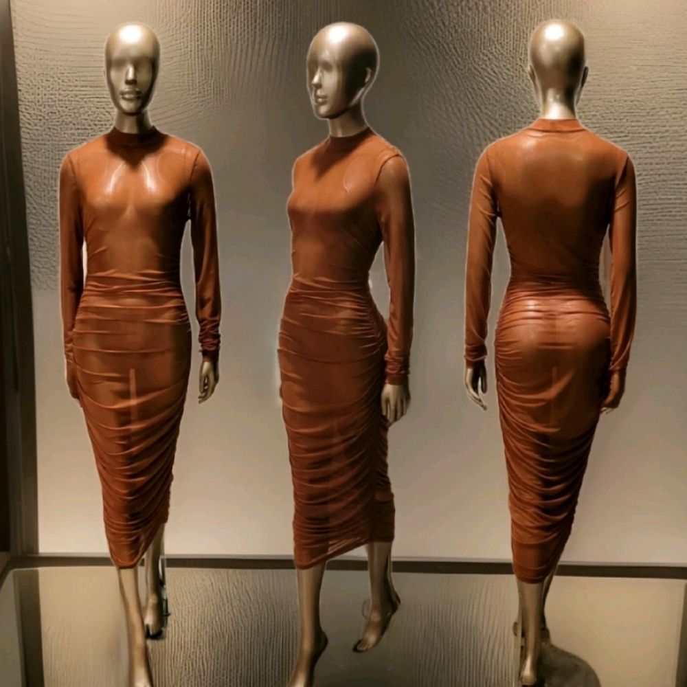 NWOT Sexy Rust Sheer Mesh Ruched Longsleeve Bodycon Midi Dress Sz M